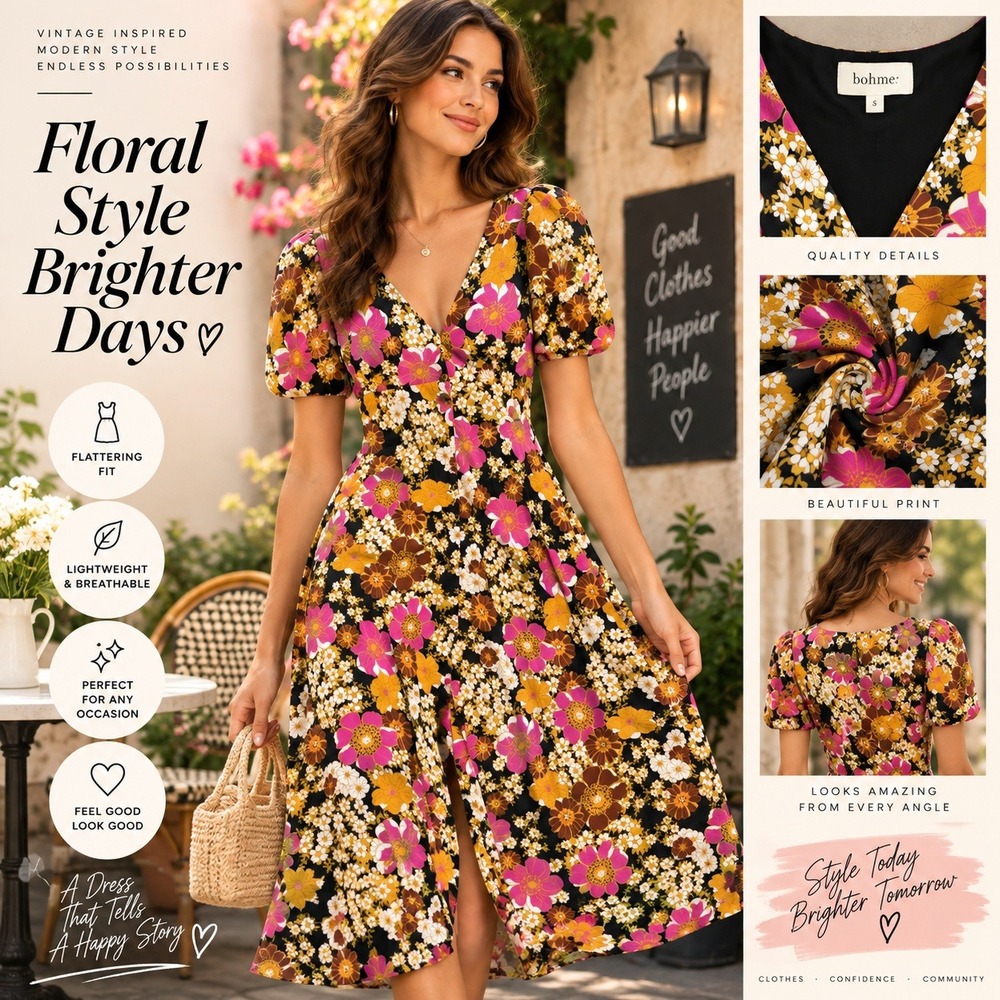 Bohme Floral V-Neck Puff Sleeve Midi Dress Pink Mustard Brown Retro 70s Style M